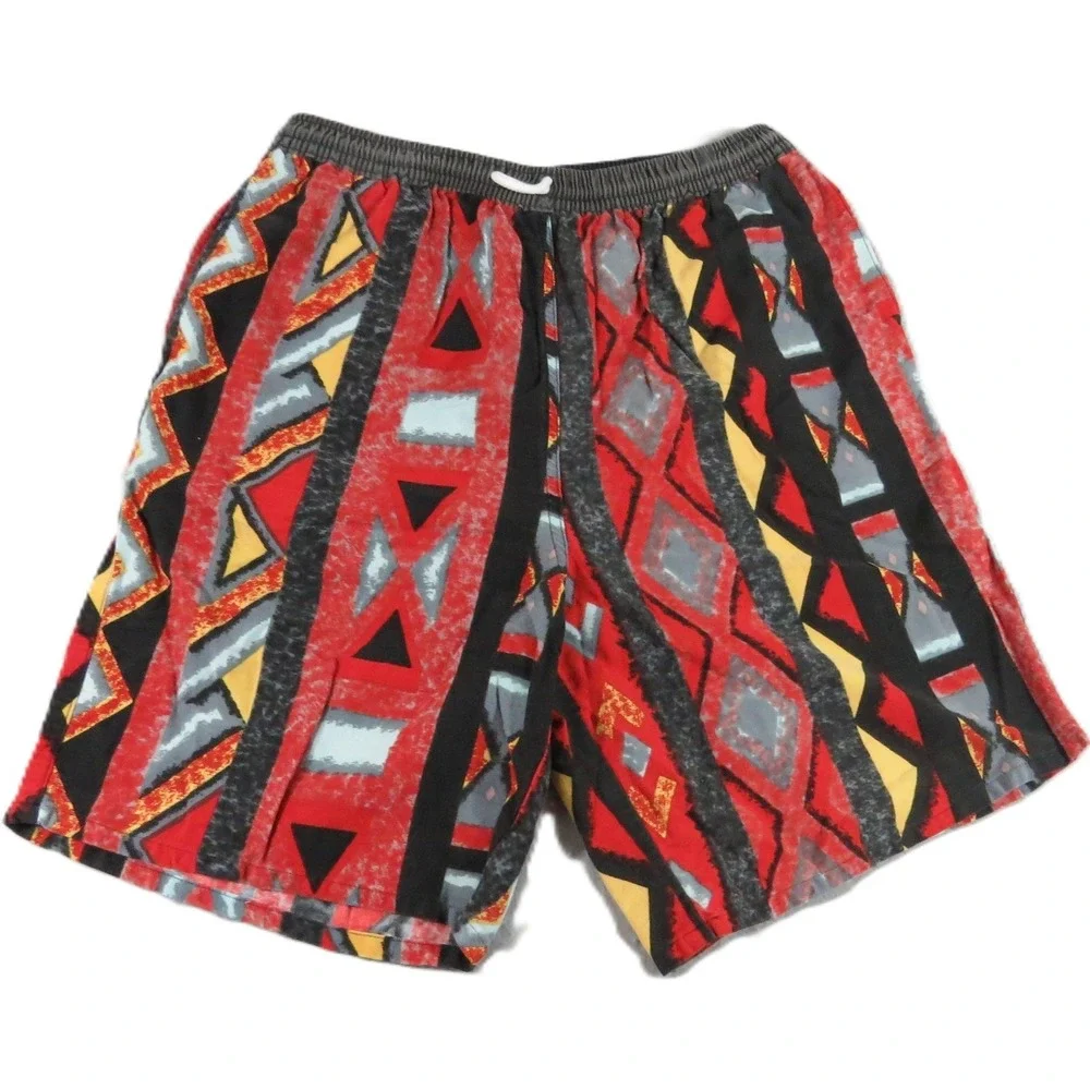 VTG Athlete Geometric Tribal Swim Trunks Shorts Men L Red Aztec Mesh Lined Retro